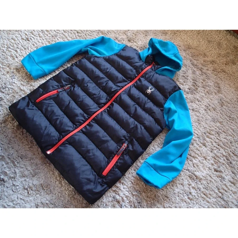 Spyder Hybrid Puffer Jacket Youth XXL Blue Black Excellent Full Zip Hooded